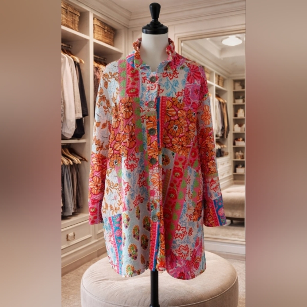 Floral Patchwork Button-Front Tunic Shirt in Pink & Orange - Picture 2 of 7